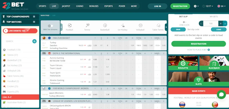 22bet live screenshot