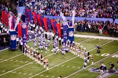 Teams take the field before the Super Bowl